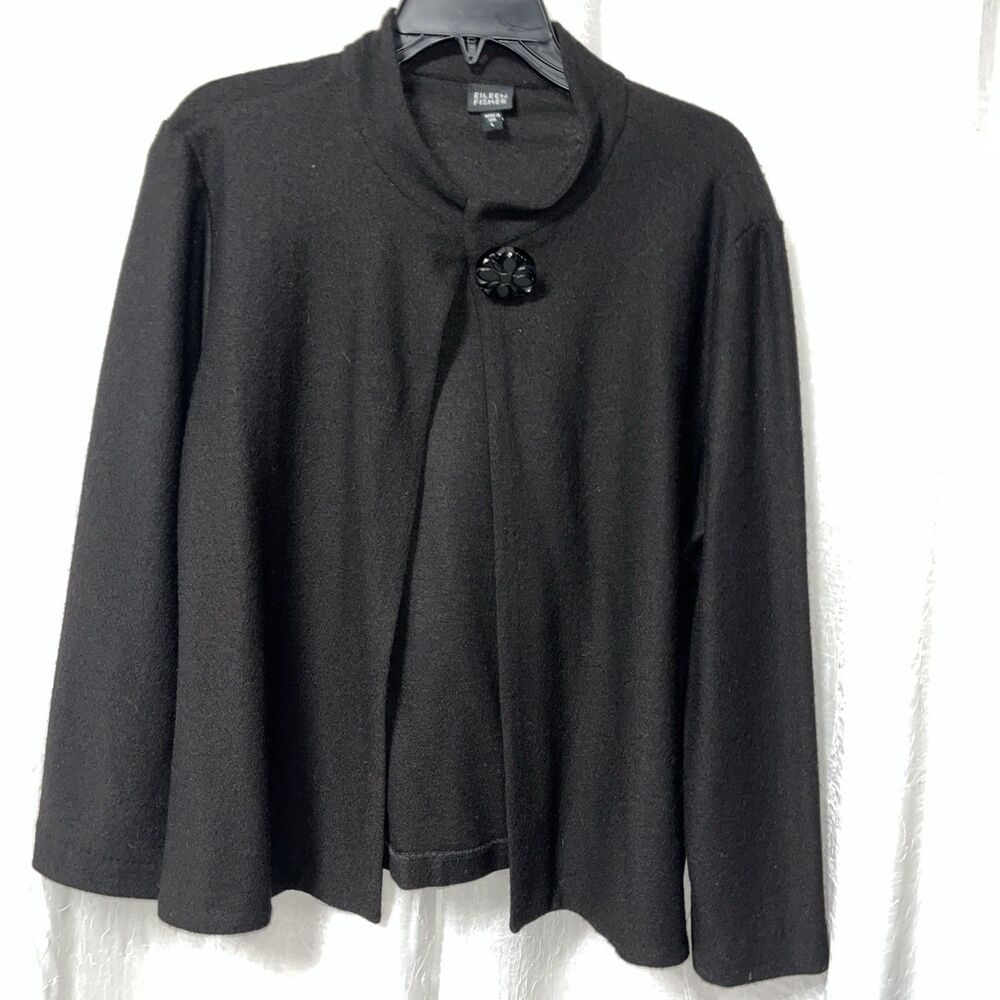 Eileen Fisher Black Wool Blend Capelet Single Decorative Button Size Large